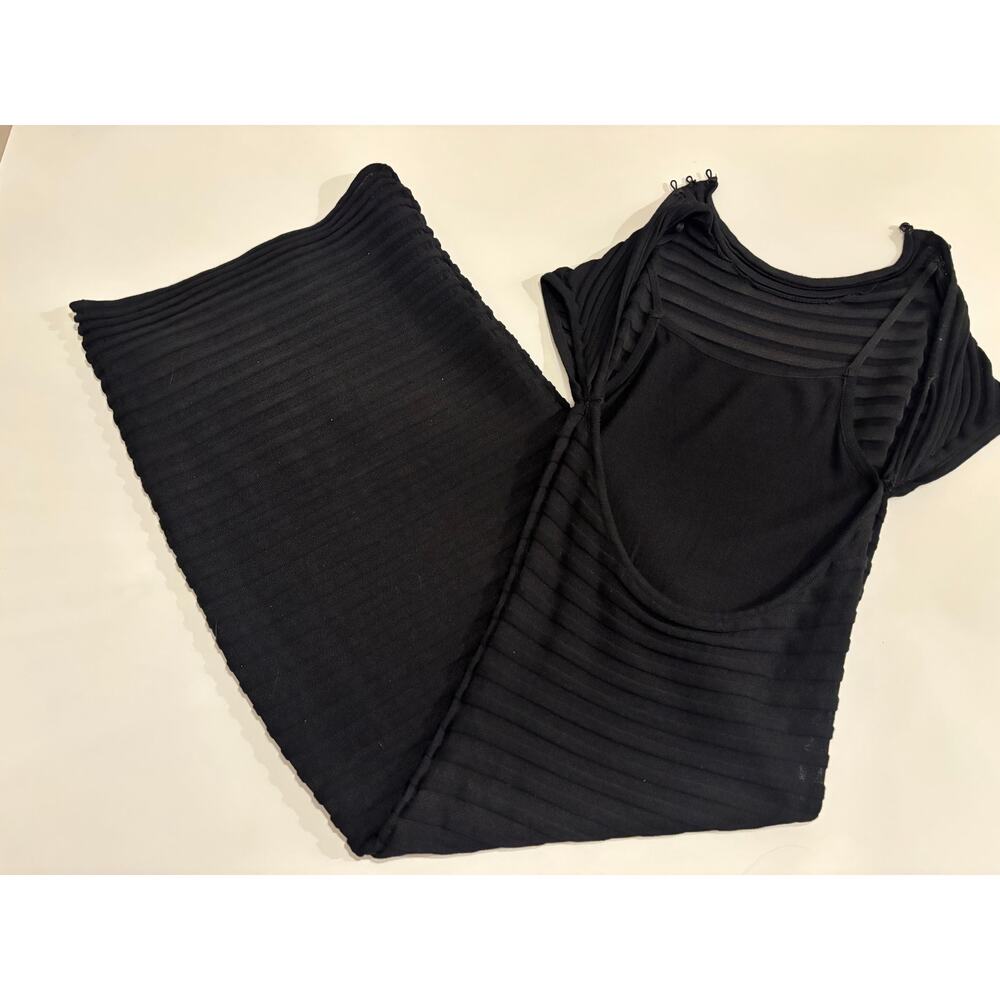 Black Ribbed Knit Midi Dress Short Sleeve A-Line Stretch Women's